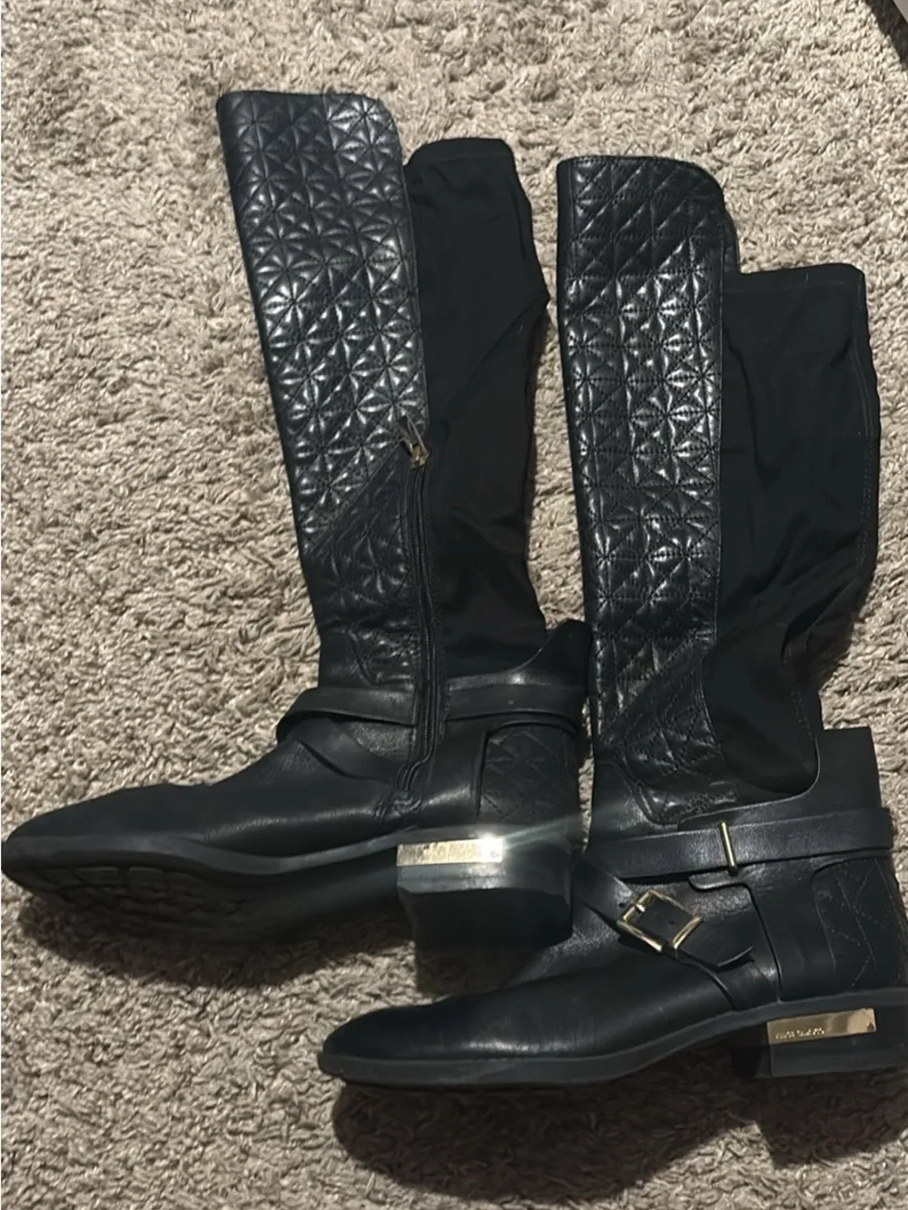 Vince Camuto Black Quilted Over-the-Knee Riding Boots with Gold Accents